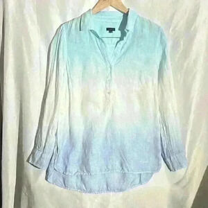Talbots 100% Linen Beach Ombré Dip Dye Blue Tunic Roll Tab Sleeves Size Medium